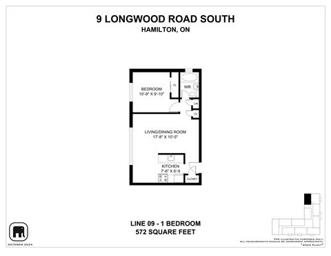 A floor plan for a 1 bedroom apartment at 9 Longwood Road South, Hamilton, ON.